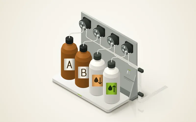 La baie de dosage : quatre pompes péristaltiques au-dessus de bouteilles de solution mère étiquetées, posées sur un plateau de balance