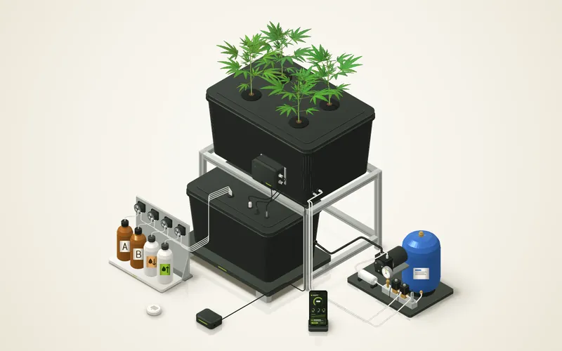 Rendu de la trousse d'aéroponie Jardin : chambre racinaire sur un support, réservoir sur une plateforme de pesée, baie de dosage, réservoir sous pression, concentrateur et téléphone