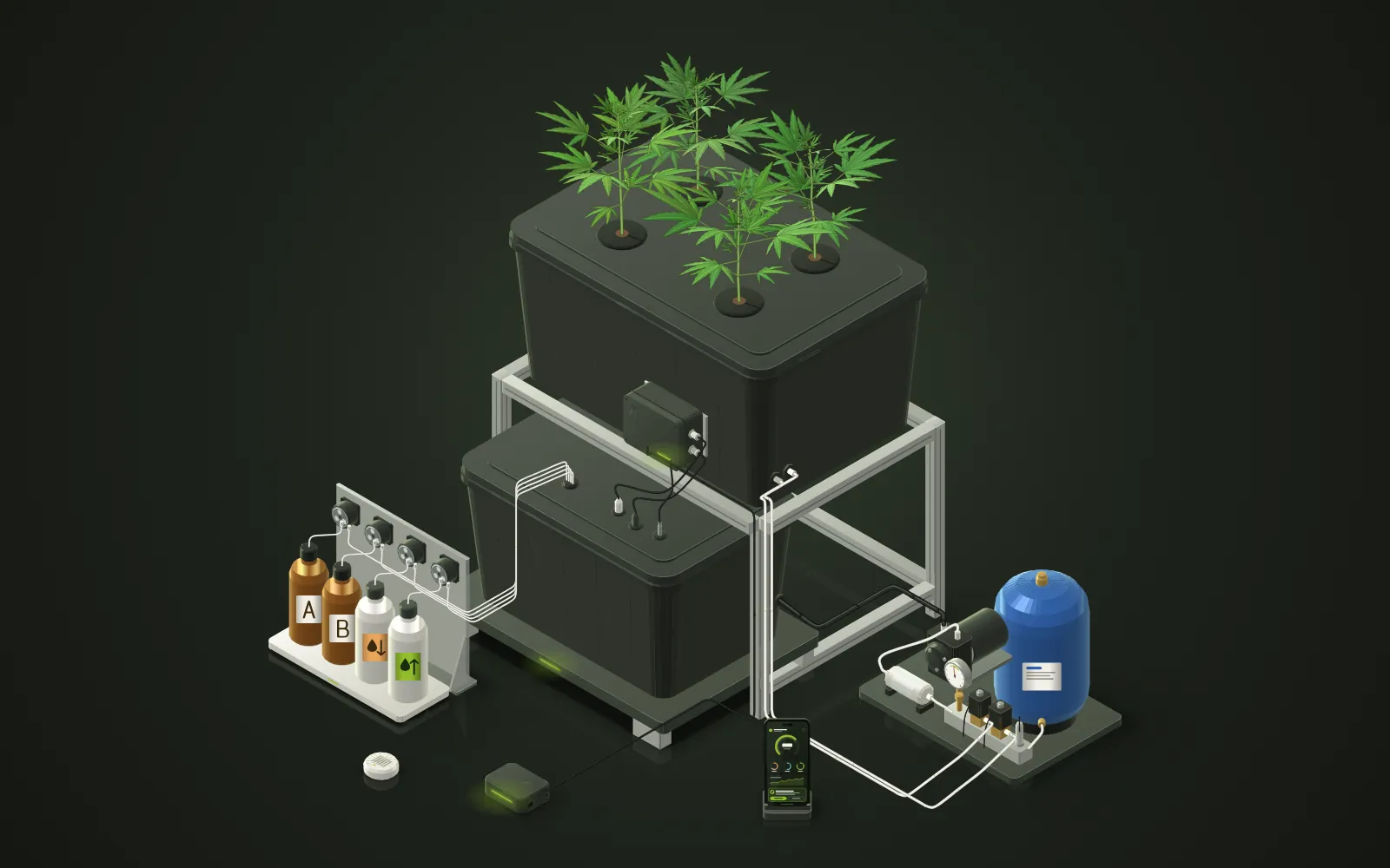 Concept render of the Jardin aeroponics kit: root chamber, reservoir on a scale, dosing bay, pressure tank and hub