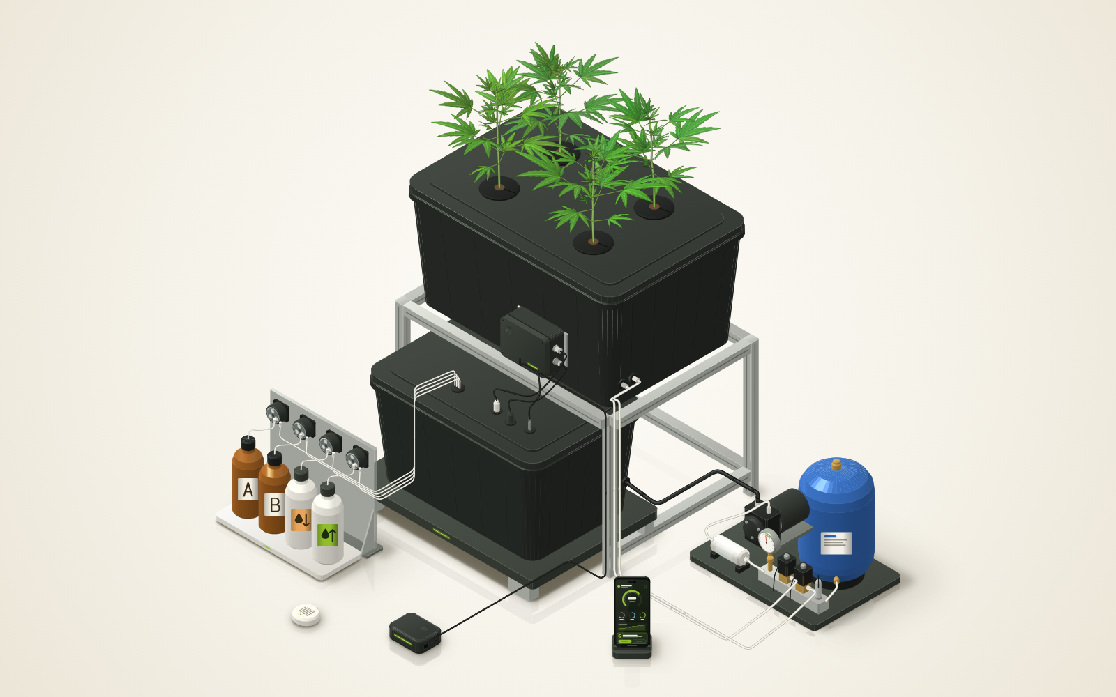 The Jardin HPA-4 kit: root chamber on a stand, reservoir on a weighing platform, dosing bay, high-pressure pump and accumulator, hub and phone